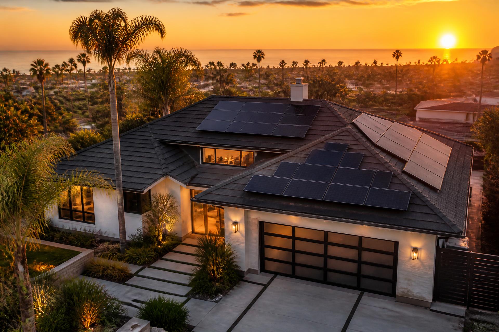 California home with rooftop solar panels at sunset
